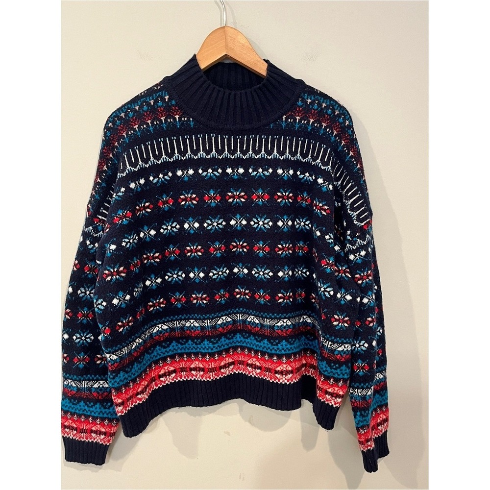 LOFT Fair Isle Mock Neck Sweater Navy Blue Multicolor XL Nordic Knit Pullover